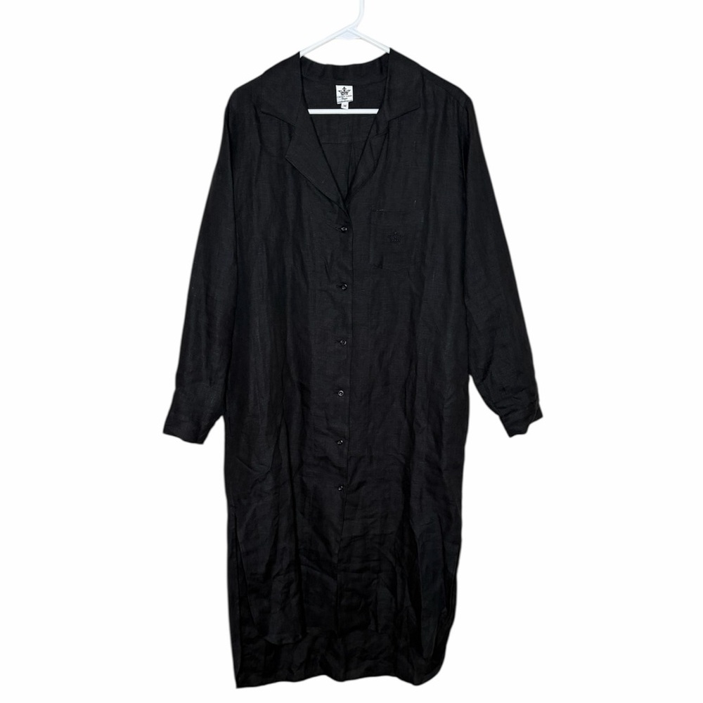 Crown Linen Designs 100% Linen Midi Dress Size Medium Black Button Up Collared